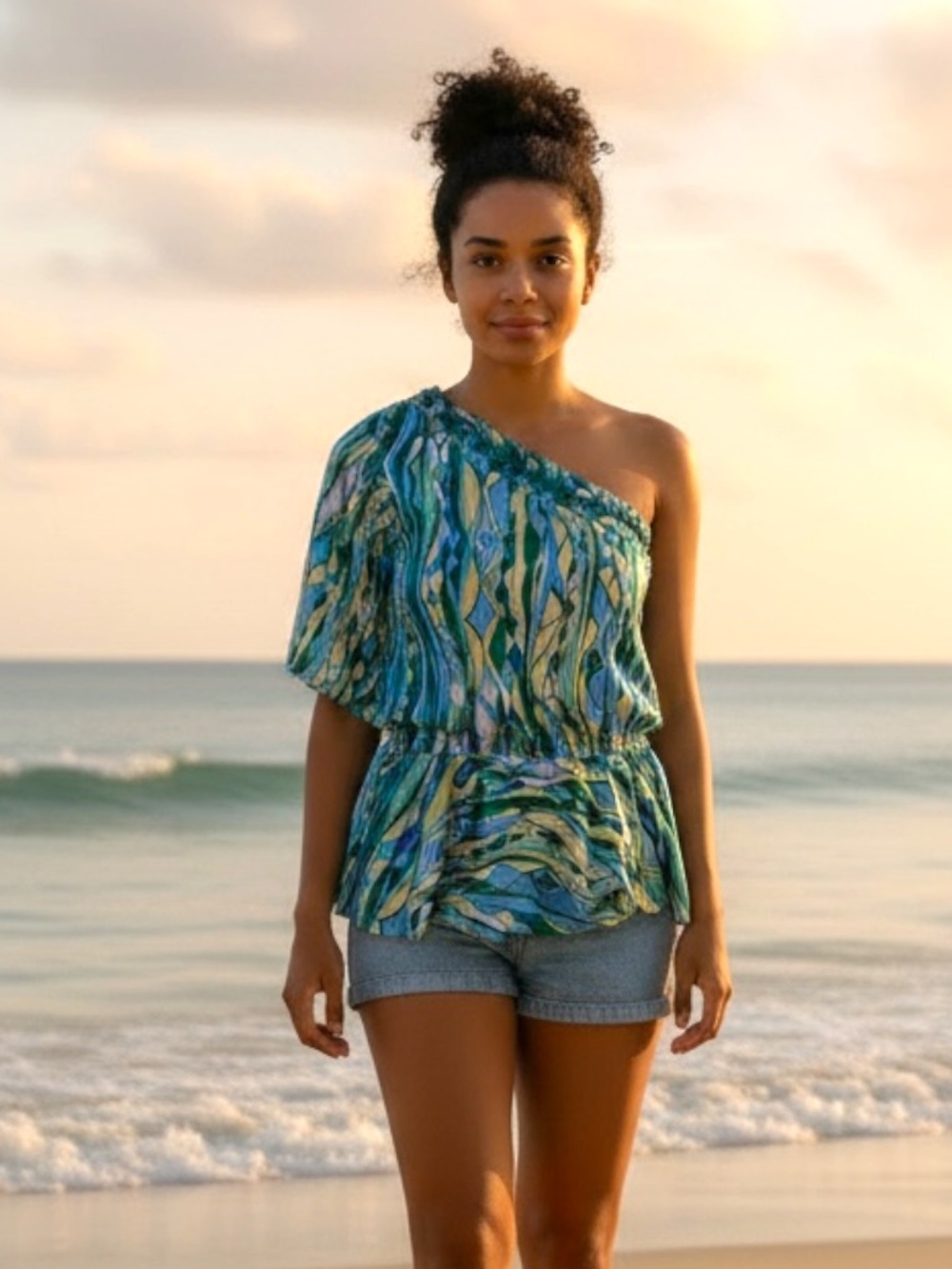 Rachel Lym Swim Green Blue Print Top Swimsuit Cover Up Large